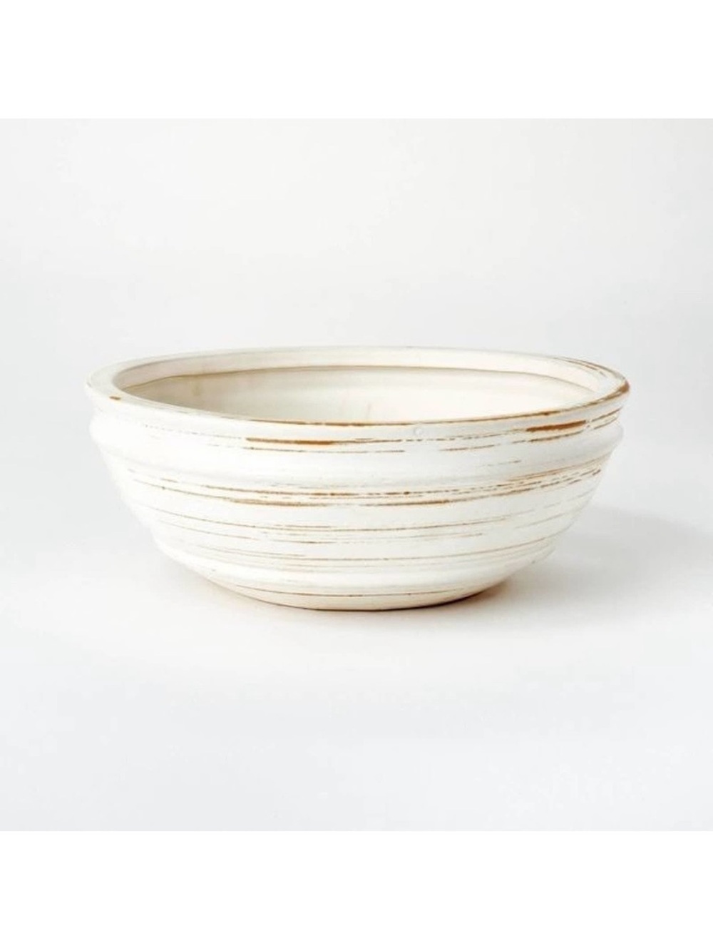 Studio McGee Washed Cream Ceramic Bowl with Tan Distressed Bands, Stoneware